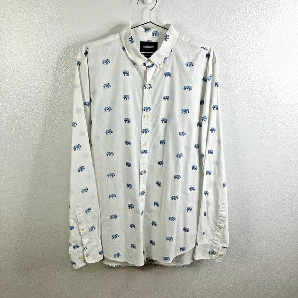 Bonobos Elephant Print Button Down Size L Long Tailored Slim Fit Novelty Office - Picture 1 of 7